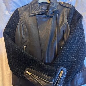 Black Leather Jacket with Textured Sleeves